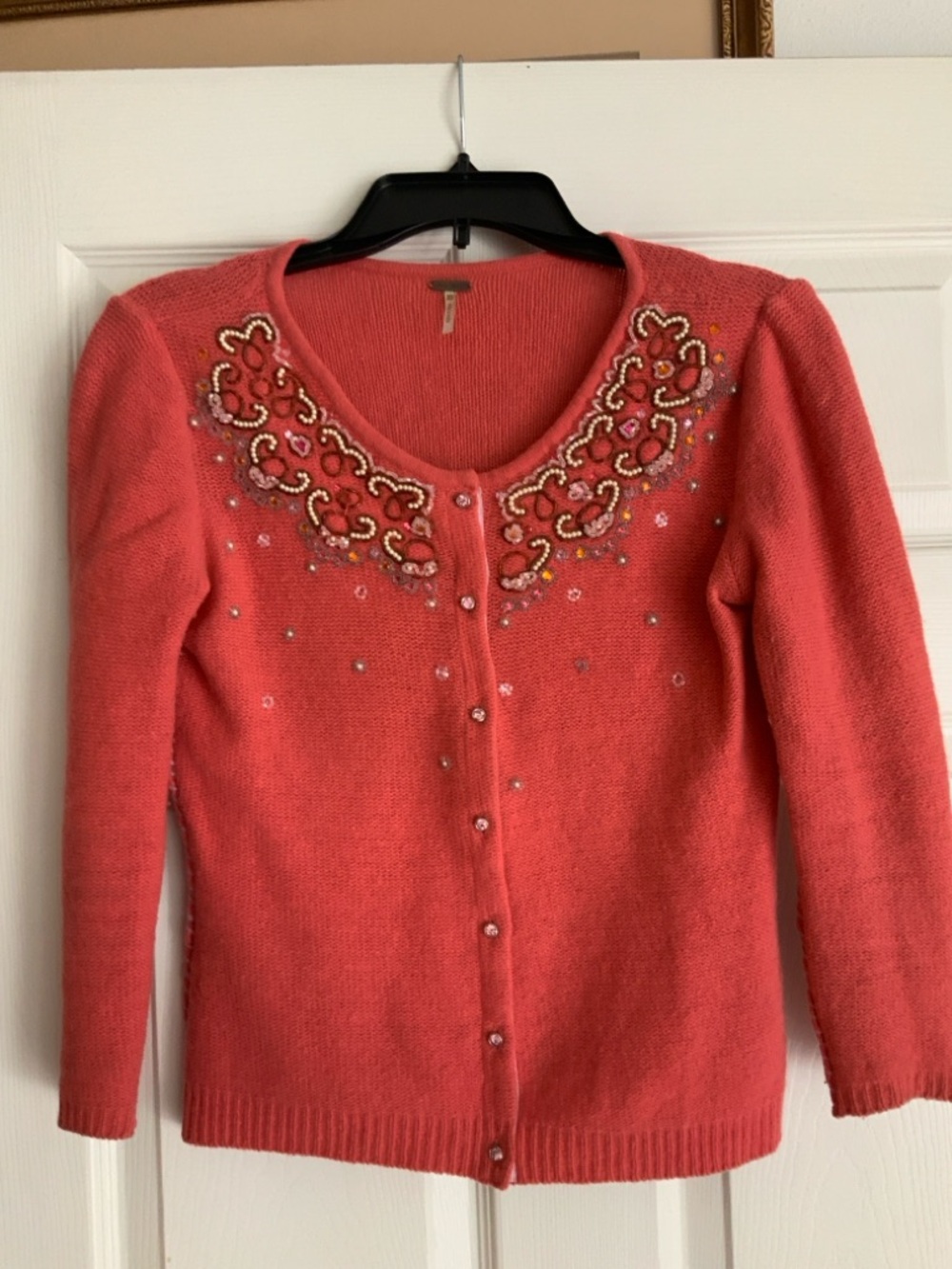 Free People Coral Embellished Button-Front Cardigan